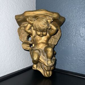 Vtg Gold Cherub Wall Sconce Wall Trinket Shelf With Picture Ledge Angel 8x7x4